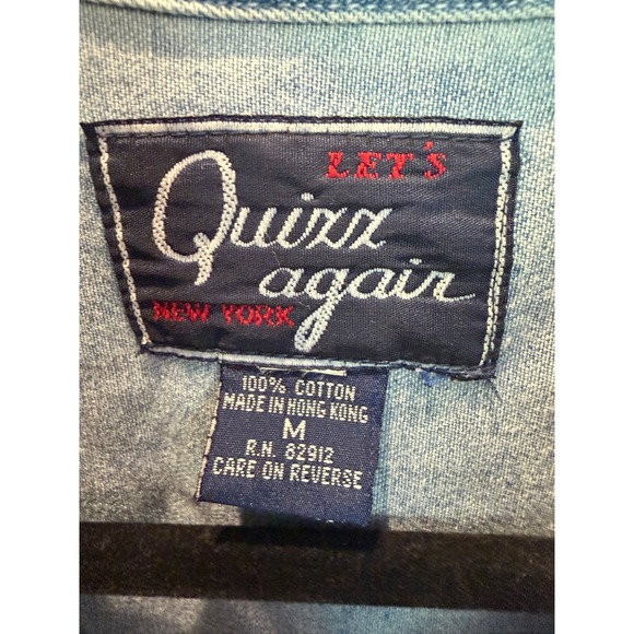 Vintage Lets Quizz Again Cowboy Cat Embroidered Denim Shirt Light Wash Medium - Picture 2 of 8